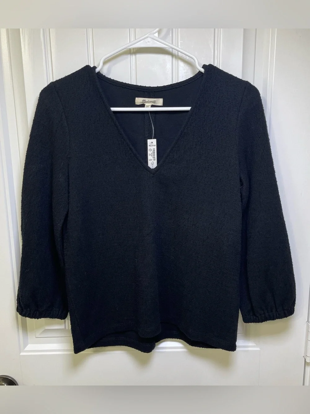 Madewell Black Textured V-Neck Puff 3/4 Sleeve Top XXS NWT